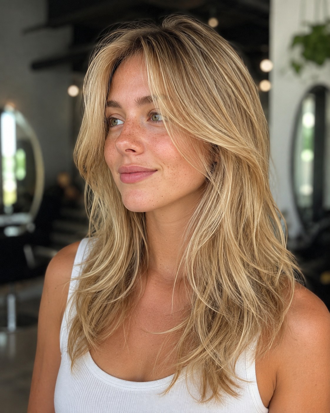 Tousled money-piece shag with curtain bang layered throughout for natural volume