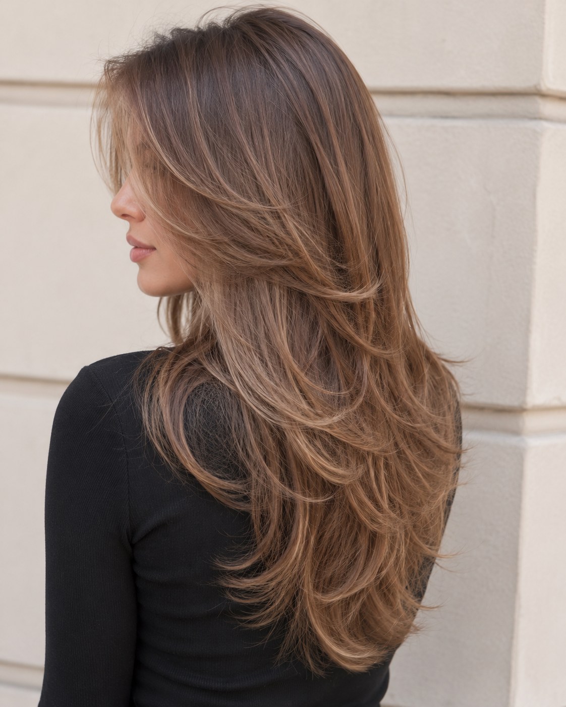Curtain bangs blended into butterfly layers add root lift for a thin-hair volume haircut