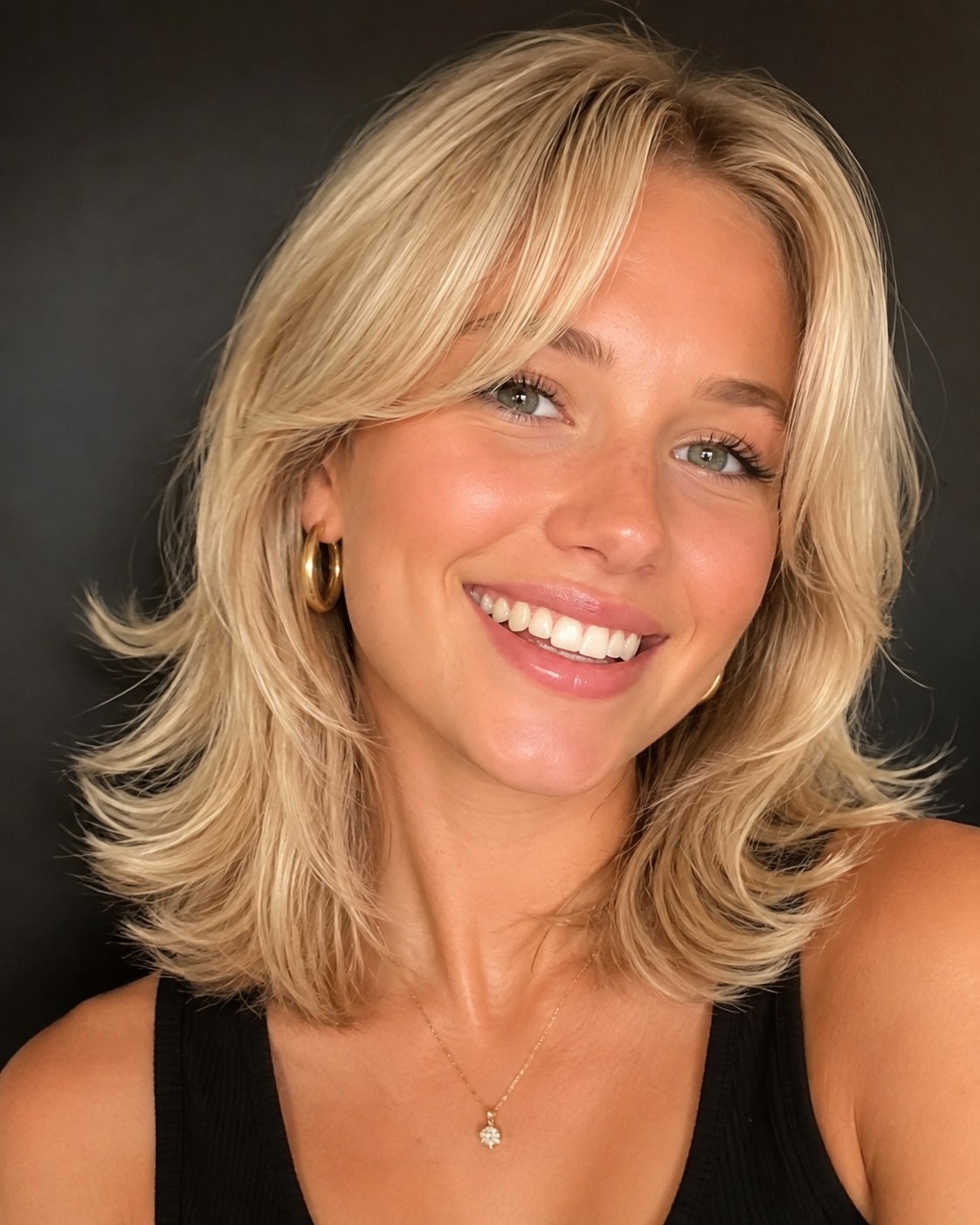 Shoulder-length wispy-bang shag lob with flipped ends built for volume on thin hair