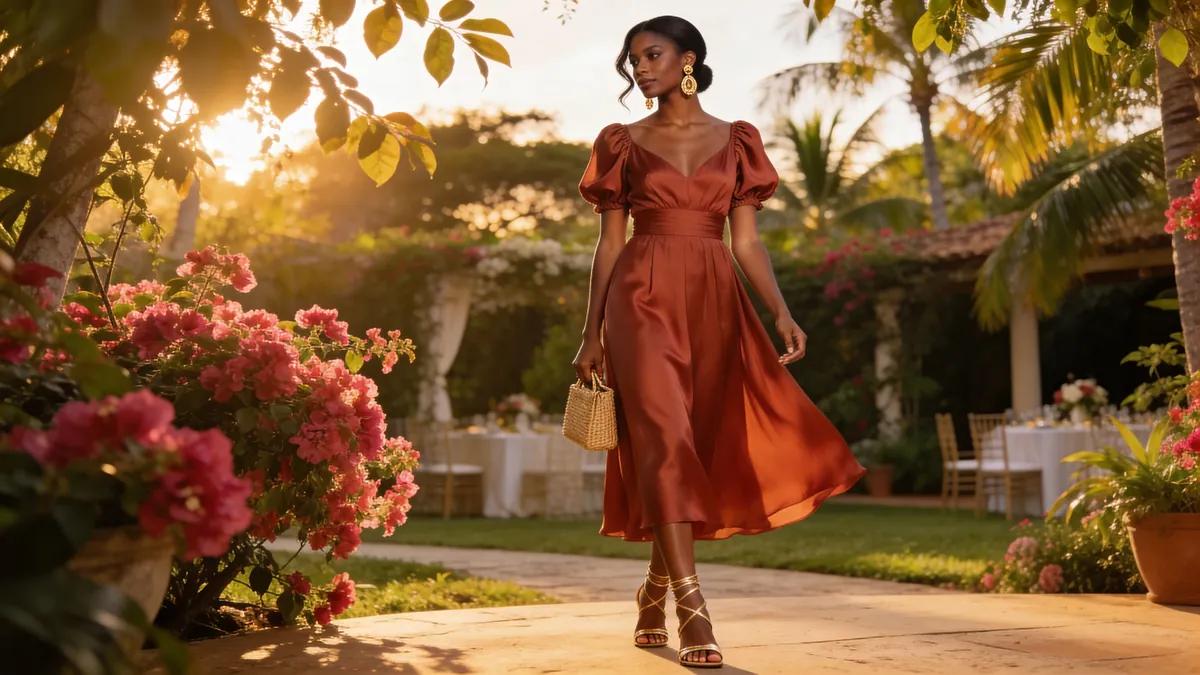 Warm satin wedding guest dress