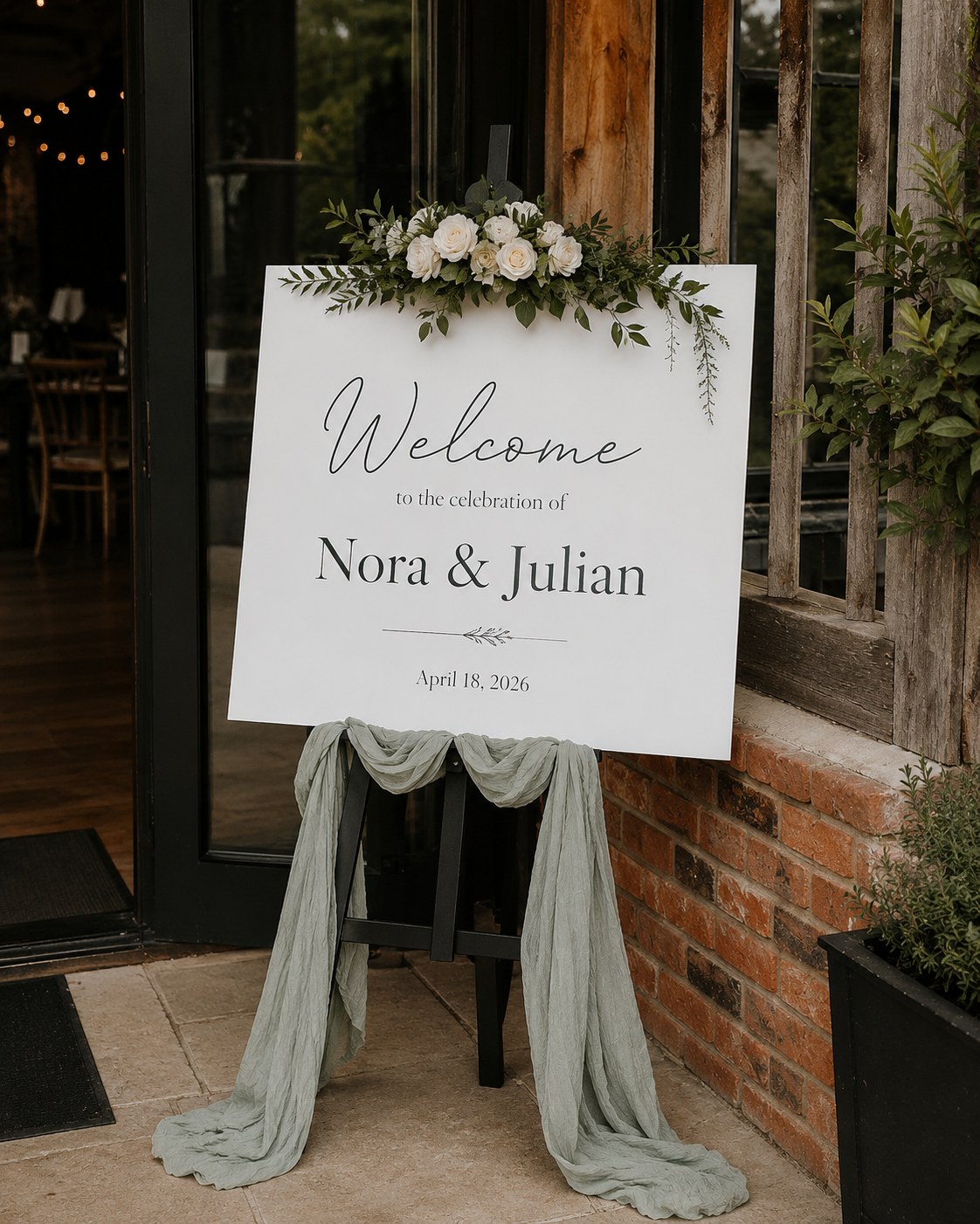 White wedding welcome sign topped with a floral swag and draped in soft sage fabric