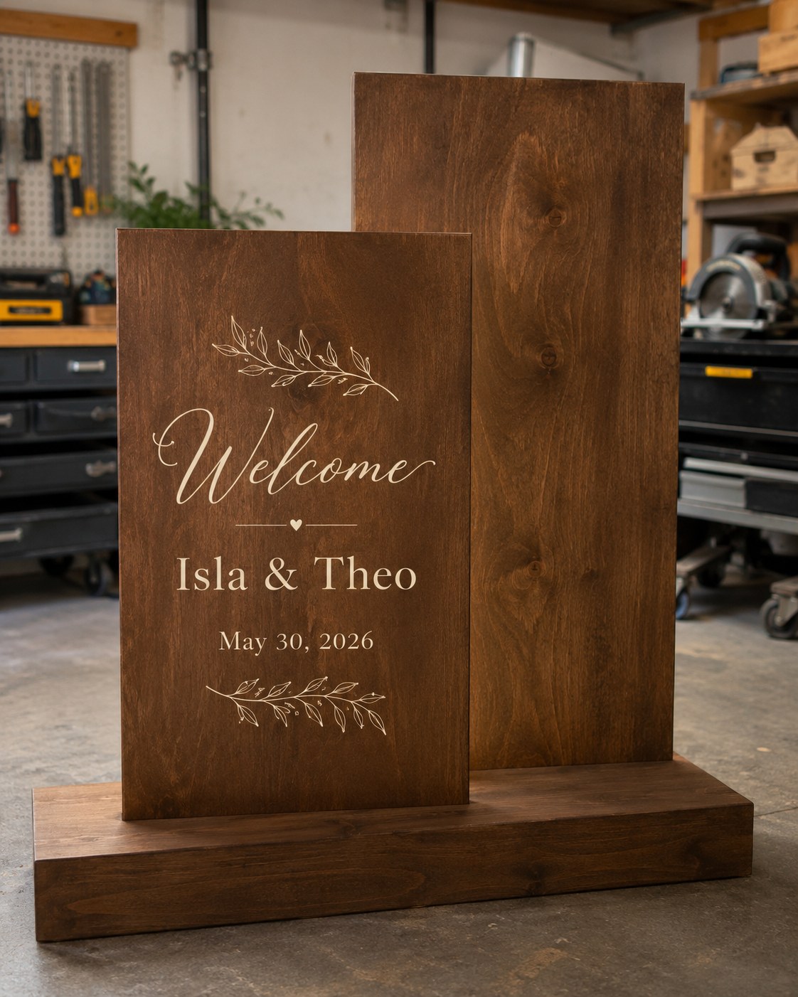Engraved wood wedding welcome sign duo displayed on a stained wooden base