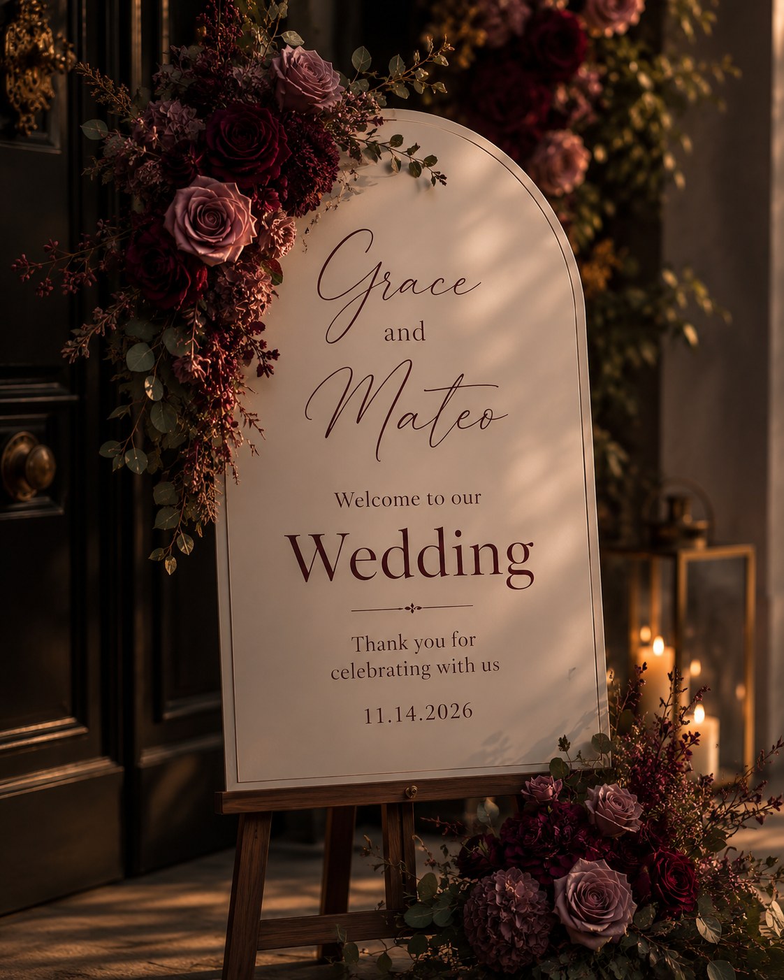 Arched wedding welcome sign surrounded by burgundy and mauve jewel-toned florals