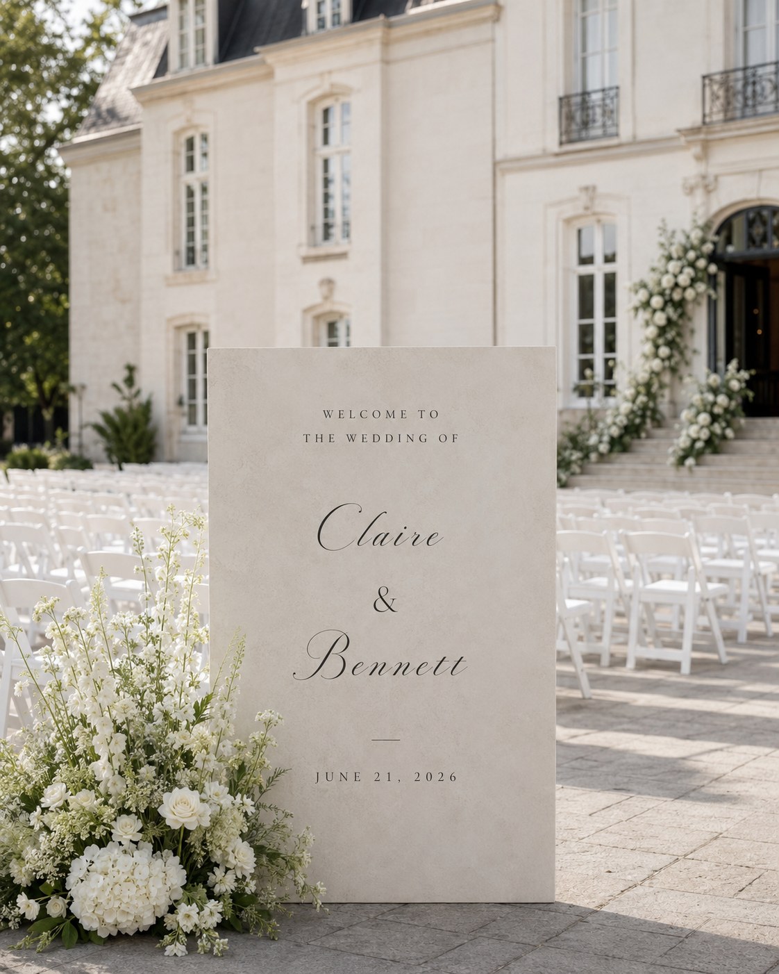 Minimalist stone-toned wedding welcome sign set outside a grand chateau entrance