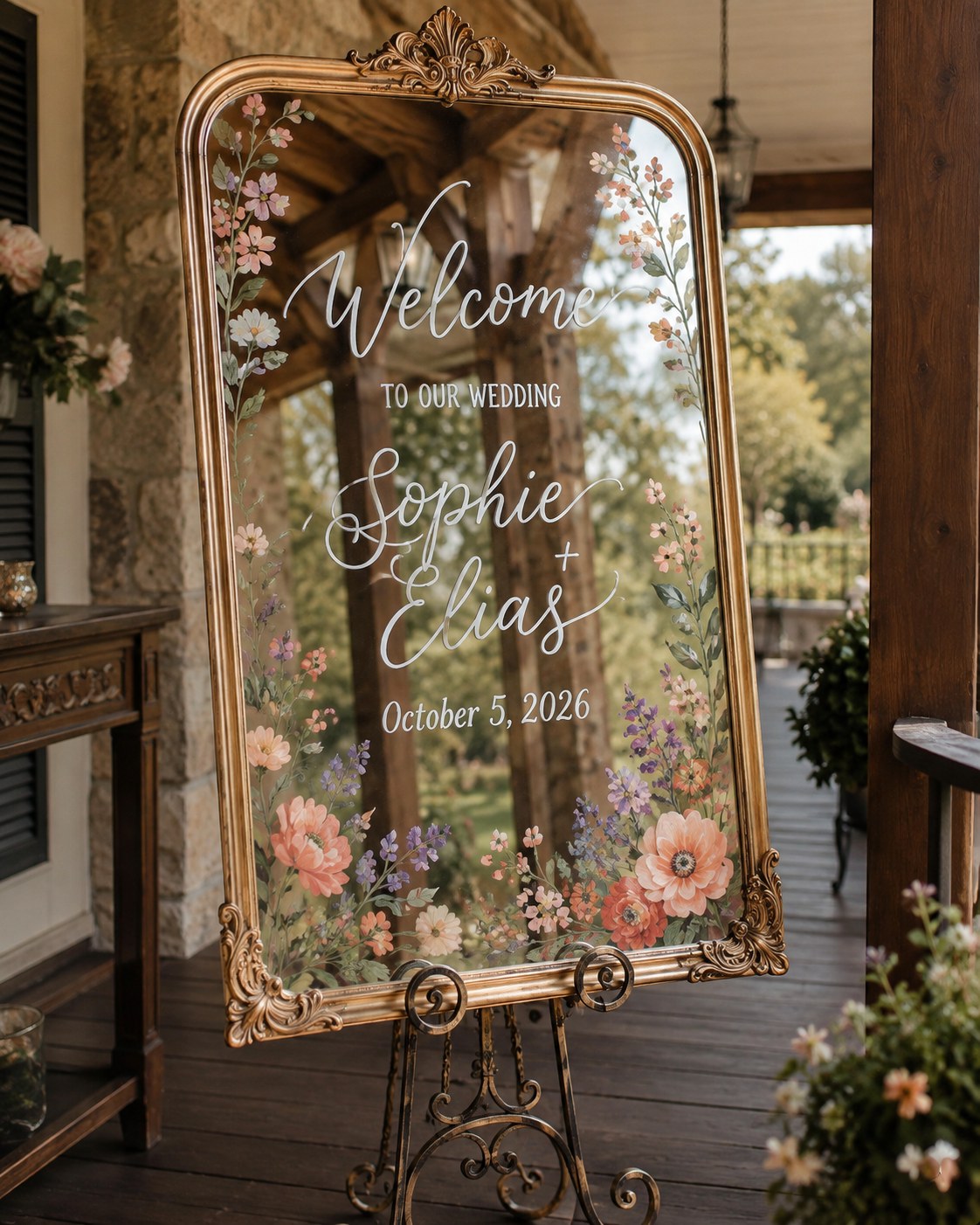 Vintage gold mirror wedding welcome sign hand-painted with florals on a porch