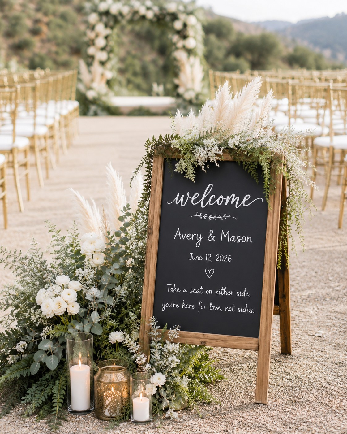 Rustic chalkboard wedding welcome sign framed with pampas grass and candles beside an outdoor aisle