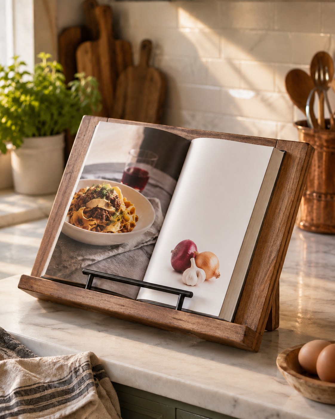 Angled wooden cookbook stand, a simple beginner woodworking project for the kitchen