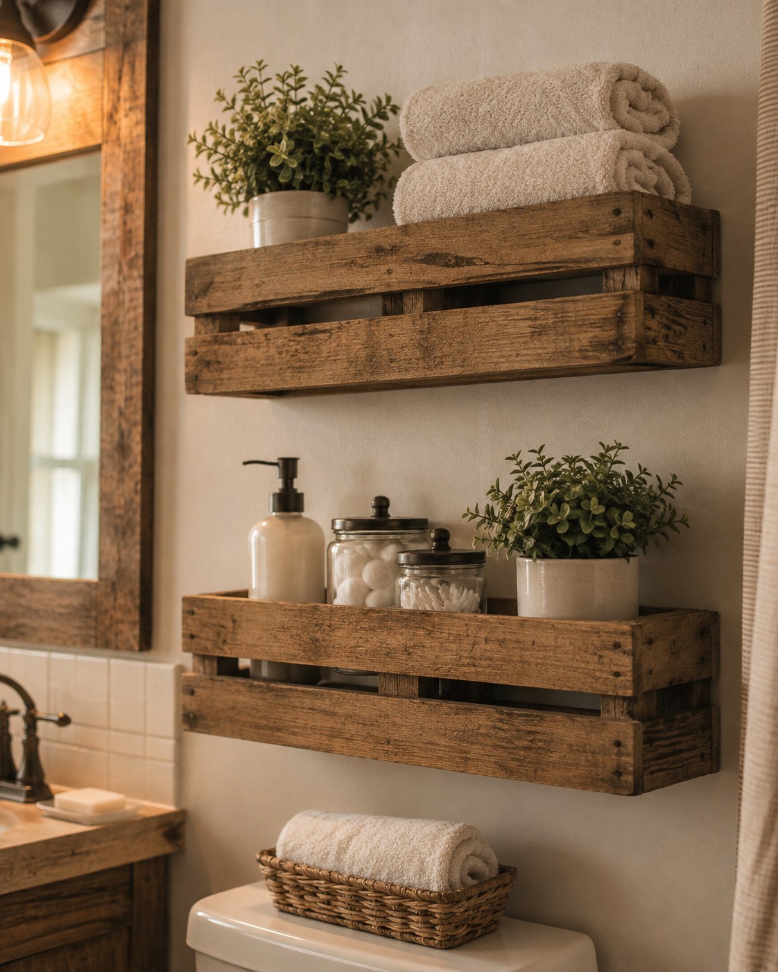 Stacked wooden crate shelves above a bathroom vanity, a beginner-friendly woodworking build