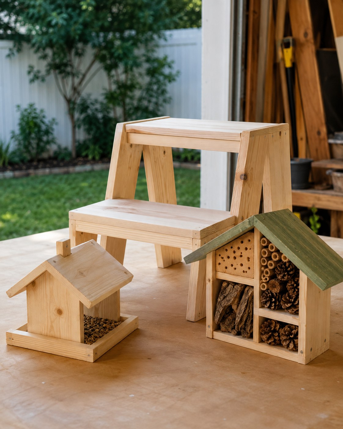 Scrap-wood step stool, mini bird feeder, and bee hotel built from beginner woodworking project offcuts