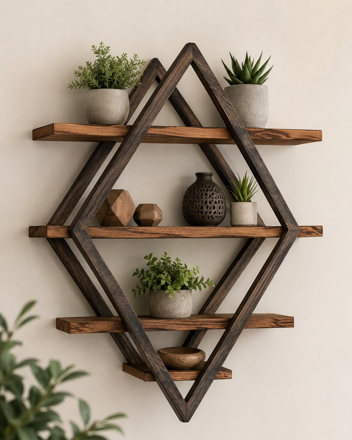 Geometric diamond-shaped wall shelf holding plants, a striking beginner woodworking project