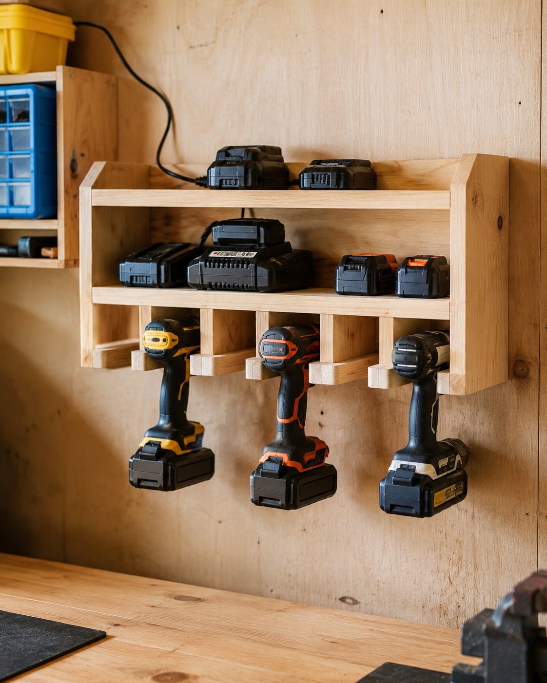 Wall-mounted cordless tool charging dock, a practical beginner woodworking project
