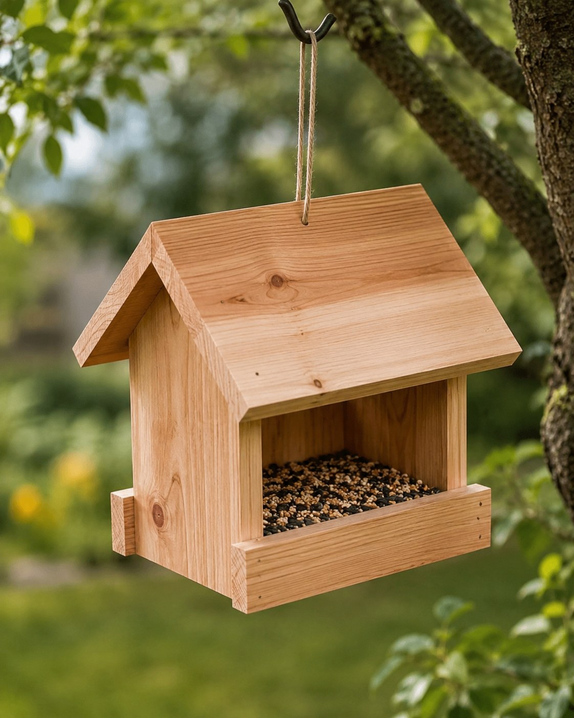 Cedar gable-roof bird feeder, one of the simplest beginner woodworking projects to start with