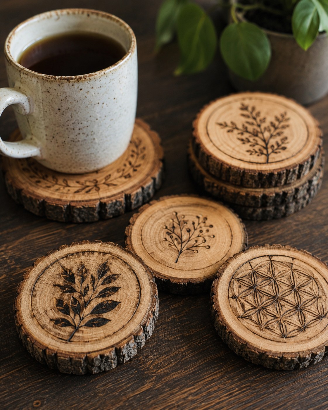 Wood-burned coasters made from tree slices, a small-scale beginner woodworking project