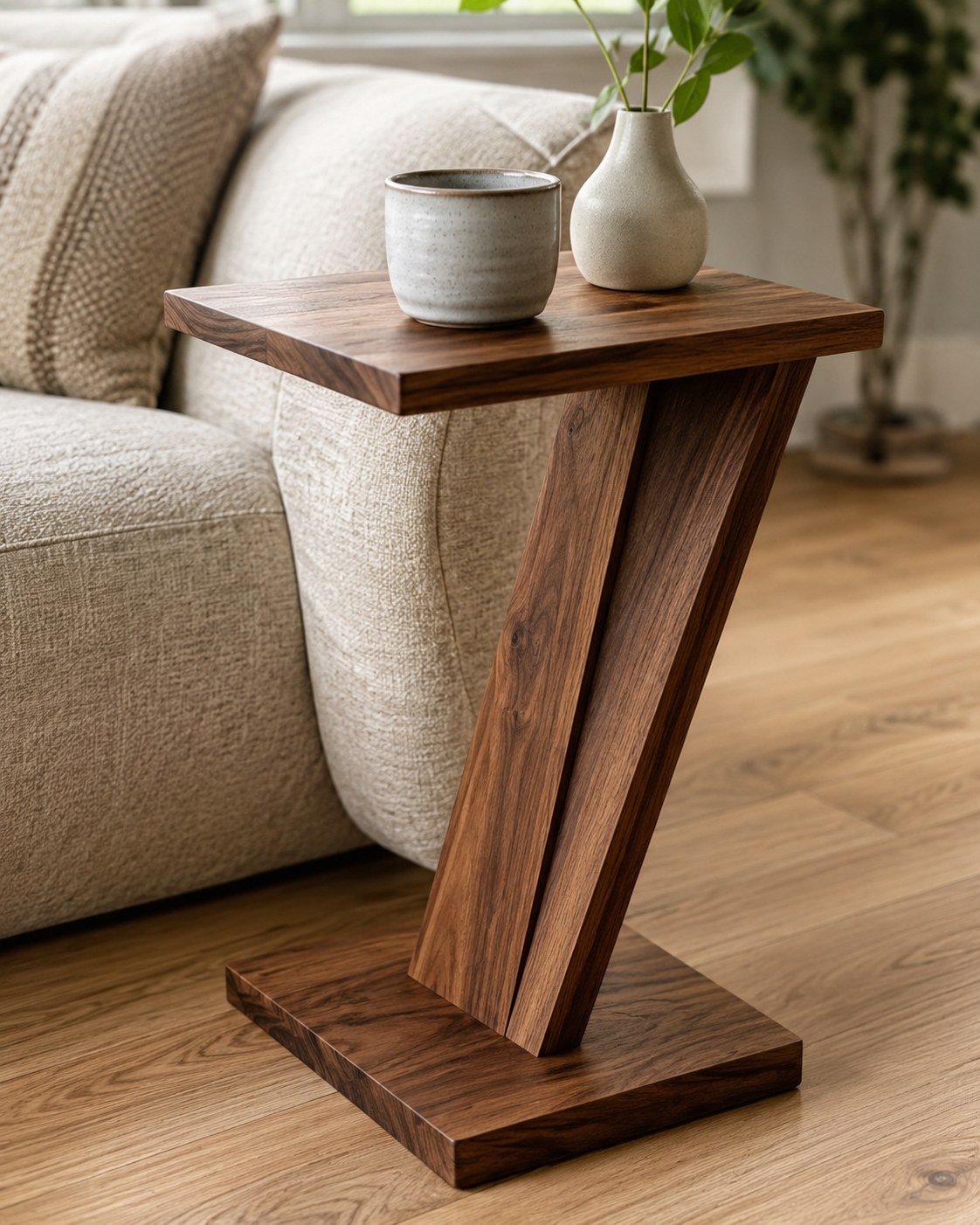 Modern walnut side table with a diagonal Z-shaped leg, an advanced beginner woodworking project