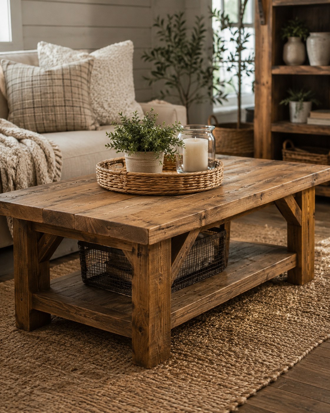 Chunky farmhouse coffee table with lower shelf, a sturdy beginner woodworking project